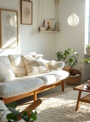A cozy living room with a white sofa, rug, and plants