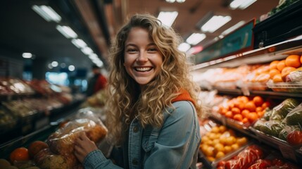 Portrait of a happy young woman with curly hair grocery shopping in a supermarket - Powered by Adobe