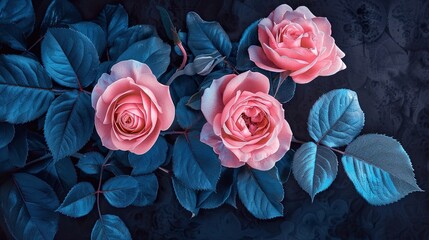 The image is of three pink roses with dark blue leaves in the background.

