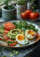 Healthy breakfast with avocado, tomato and boiled egg