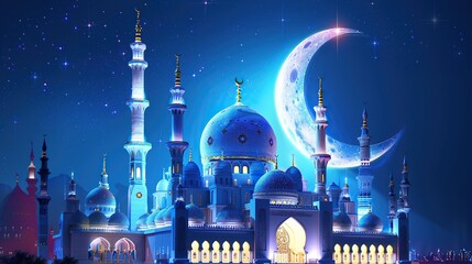 A blue mosque with white domes and minarets against a night sky with a crescent moon.