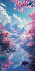 Mountain river flowing through a valley with cherry blossoms - obrazy, fototapety, plakaty
