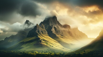 Mystical mountain landscape with fog and sunlight