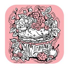 Sweet tasty dessert cupcake with cream and deco for morning breakfast in café or restaurant. Mini birthday cake for pleasure. Hand drawn colorful retro vintage illustration. Old style drawing.