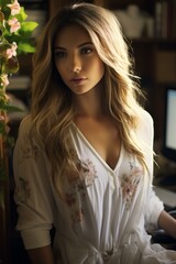 Fototapeta premium Portrait of a beautiful young woman with long blonde hair wearing a floral dress