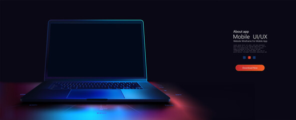 Futuristic mockup Laptop with Blue Backlight on Dark Background. A 3D illustration of an open laptop illuminated by a neon blue light on a dark backdrop, showcasing modern technology and connectivity. - obrazy, fototapety, plakaty