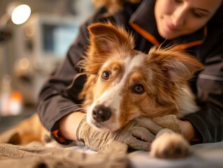 Close-up of a veterinarian checking a border collie dog