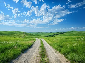 Fototapeta premium Country road through a lush green hilly landscape