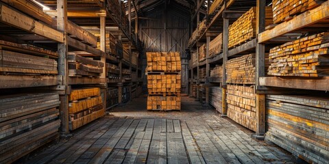 Stacks of wooden planks neatly arranged in a warehouse