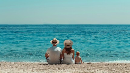 Back view of happy family sitting on sandy beach facing blue sea