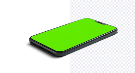 Smartphone with Green Screen on Transparent Background. A 3D illustration of a modern smartphone with a vibrant green screen, perfect for app development and interface design presentations. Vector