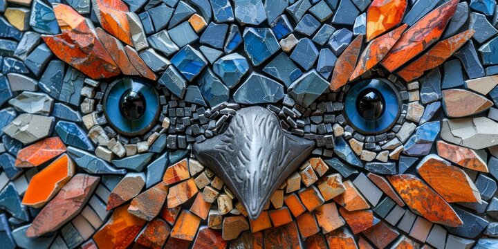 A mosaic of an owl made of colorful rocks and tiles