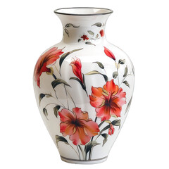 An elegantly crafted ceramic vase with a glossy finish, adorned with vibrant hand-painted red and orange flowers and delicate green foliage- AI Generated Digital Art