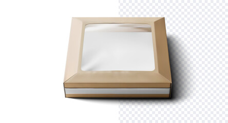 Realistic Brown Cardboard Box with Clear Window Mockup. High-quality 3D mockup of a realistic brown cardboard box with a clear window. Ideal for product packaging presentations, branding. Vector