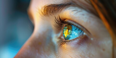 Close up of businesswoman eye with financial graph reflecting in eye. Attractive woman looking financial and marketing data with stock market chart or increasing sales graph reflect in the eye. AIG42.