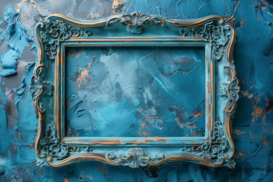 Antique carved gilded frame. Vintage rectangle frame for photo on a blue artistic background