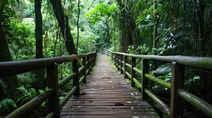 Wooden bridge across the forest with foliage around