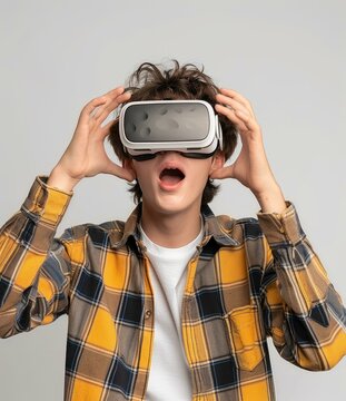 Young male caucasian teenager wearing virtual reality headset