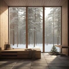 Wooden house in snowy forest