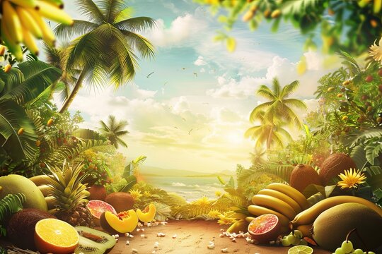 Fruit Paradise, Perfect for producers of exotic fruits and fruit desserts. The background can depict paradise landscapes with palm trees and coconuts.