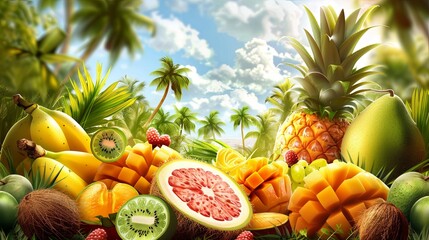 Fruit Paradise, Perfect for producers of exotic fruits and fruit desserts. The background can depict paradise landscapes with palm trees and coconuts.