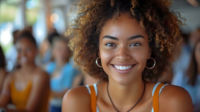 Tranquil and harmonious group moment with upbeat young woman