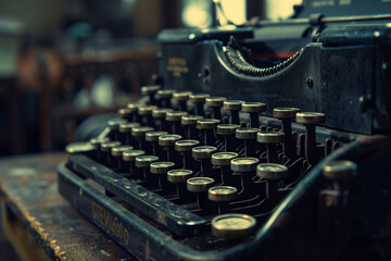 Antique black typewriter on a wooden desk, focused on the keyboard