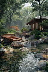 Tranquil Japanese Garden with Stepping Stones and Koi Pond