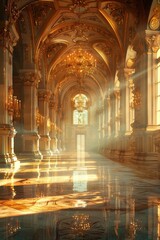 Obraz premium ornate hallway with marble floor and golden columns