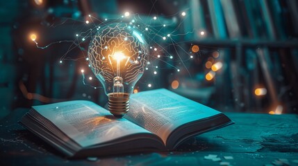 A visionary tableau featuring a glowing light bulb over an open book, with neural connections leading to a holographic brain, symbolizing the fusion of ideas and technology
