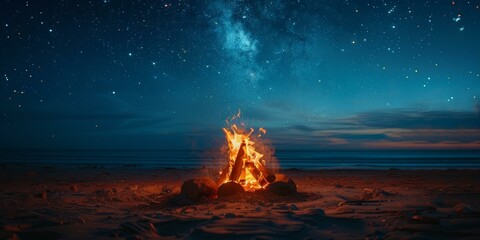 A bonfire burns on a beach at night under a starry sky