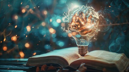A light bulb with filaments shaped like a brain, hovering above an ancient book, encircled by modern tech gadgets, portraying the blend of old knowledge and new insights