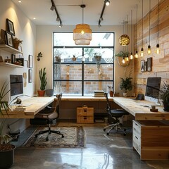 Two wooden desks in a bright and airy office space