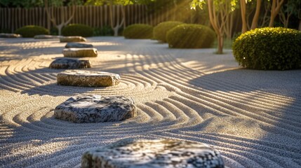 A serene Zen garden at dawn, perfectly raked sand, neatly arranged stones, gentle morning light creating soft shadows, symbolizing tranquility and mindfulness. Resplendent.