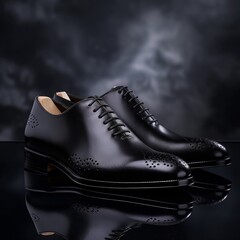 Zapatos negros aislados sobre un fondo colorido, creando una sensación de alegría y dinamismo. - obrazy, fototapety, plakaty