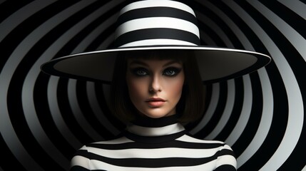 Black and white portrait of a woman wearing a striped hat and striped turtleneck blouse