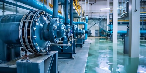 Large industrial water pump station room with blue pipes and machinery