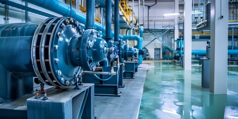 Large industrial water pump station room with blue pipes and machinery