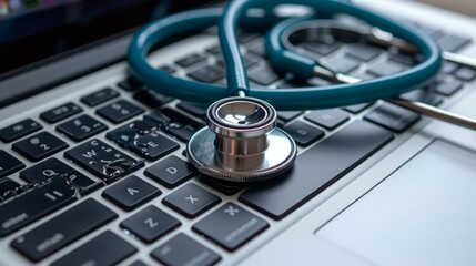 A stethoscope rests on a laptop keyboard