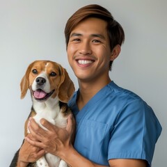 Portrait of a happy Asian veterinarian with a beagle