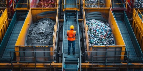 Worker in reflective clothing standing on a platform at a waste sorting facility - obrazy, fototapety, plakaty