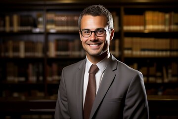 Fototapeta premium Young male professional in suit and tie smiling in front of a bookshelf