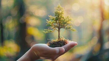 A person holding a small tree in the palm of their hand. The tree is green and leafy, and the person's hand is cupping it gently. The background is blurry and looks like a forest.