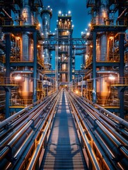 A photo of an oil refinery at night