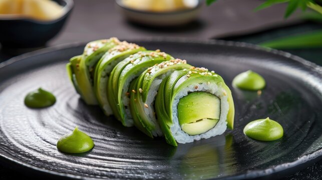 Portrait of delicious avocado sushi roll on black plate, Japanese cuisine. generative AI image