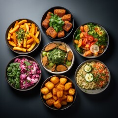 A variety of delicious and healthy food in bowls