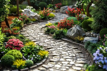 Stone path through a lush garden