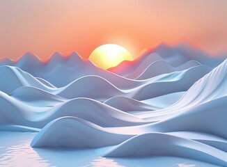 White and blue 3D landscape with a setting sun