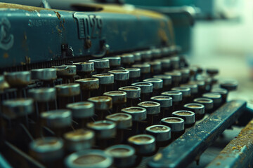 Detailed view of a classic blue vintage typewriter with worn keys suggesting frequent use