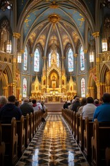 Fototapeta premium Church Interior Nave With People In Pews